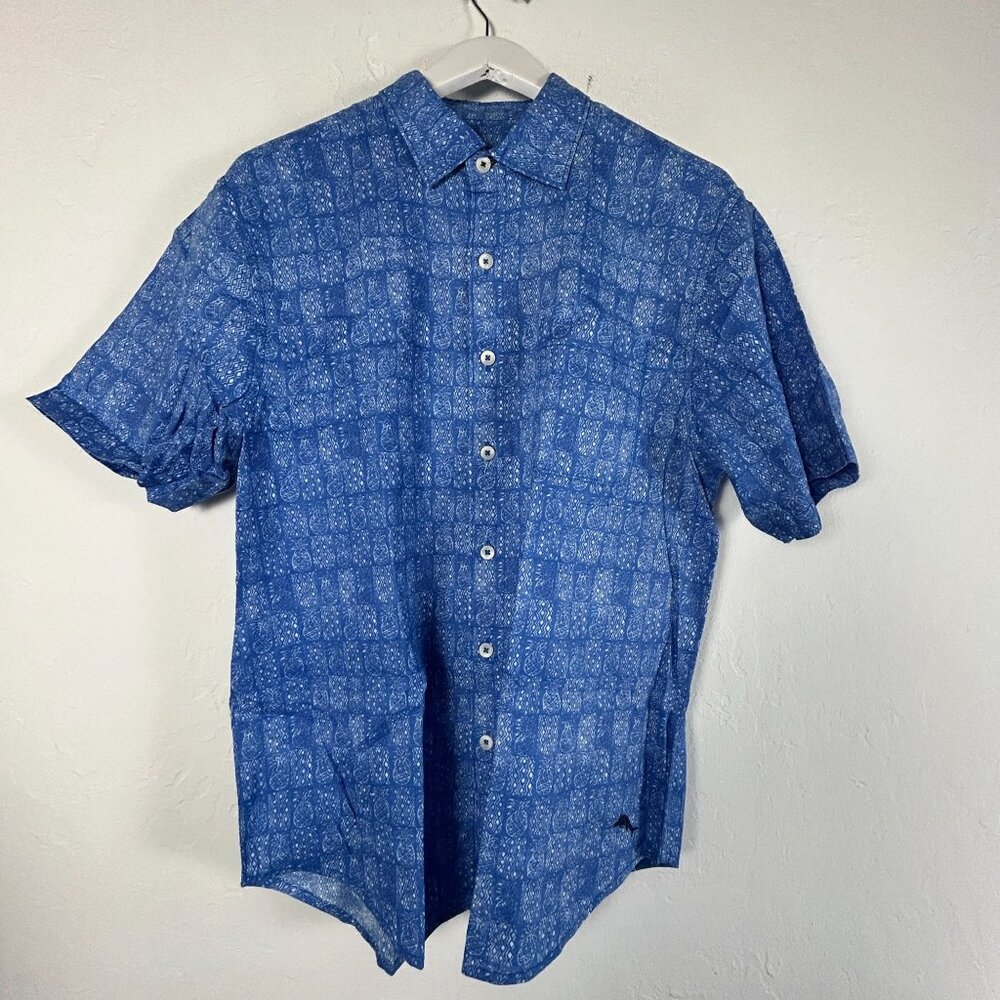Tommy Bahama Mens Pina Block Party Camp Shirt Medium Blue Short Sleeve Linen